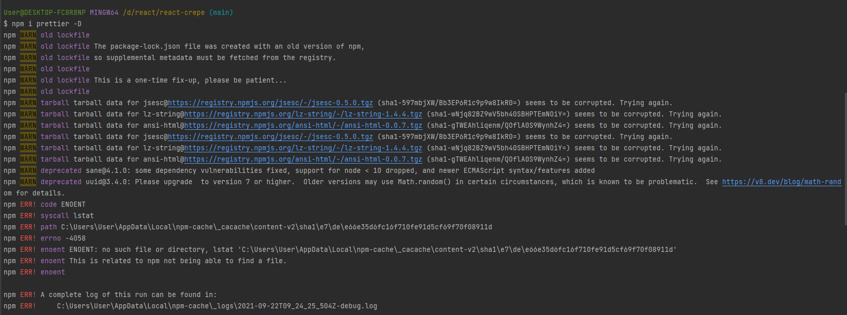 npm cache clean –force